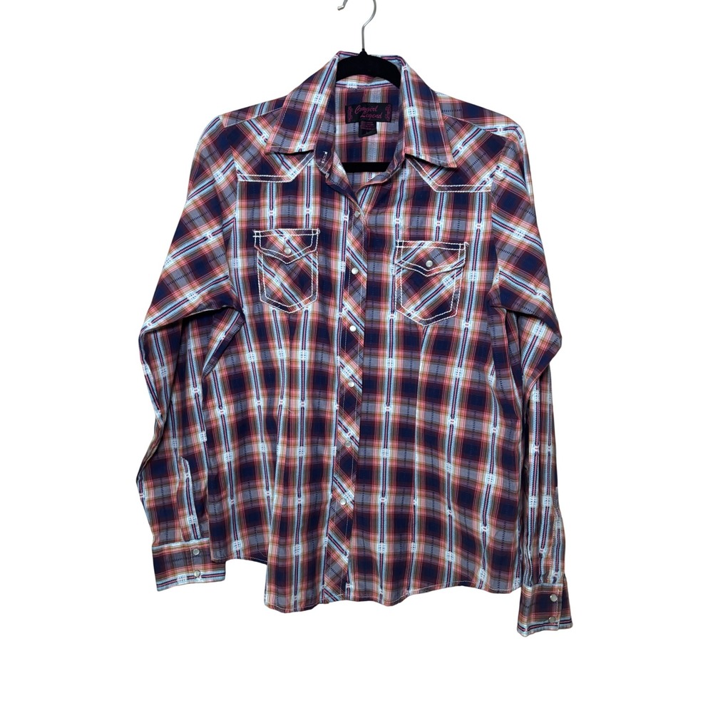 Cowgirl Legend Rodeo Western Snap Shirt L‎ Multicolor Plaid Embroidered Cowgirl